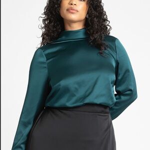 ELOQUII Emerald Green Satin Blouse with Drape Back
